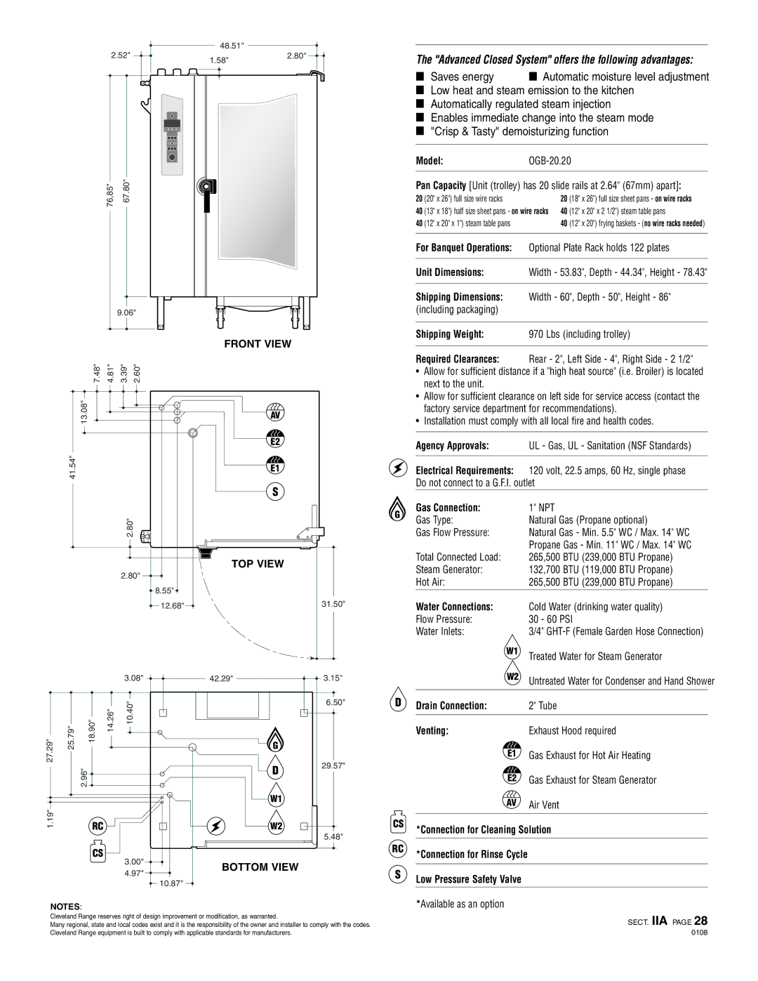 Cleveland Range OGB-20.20 Shipping Weight Lbs including trolley, Agency Approvals, Gas Connection, Water Connections 