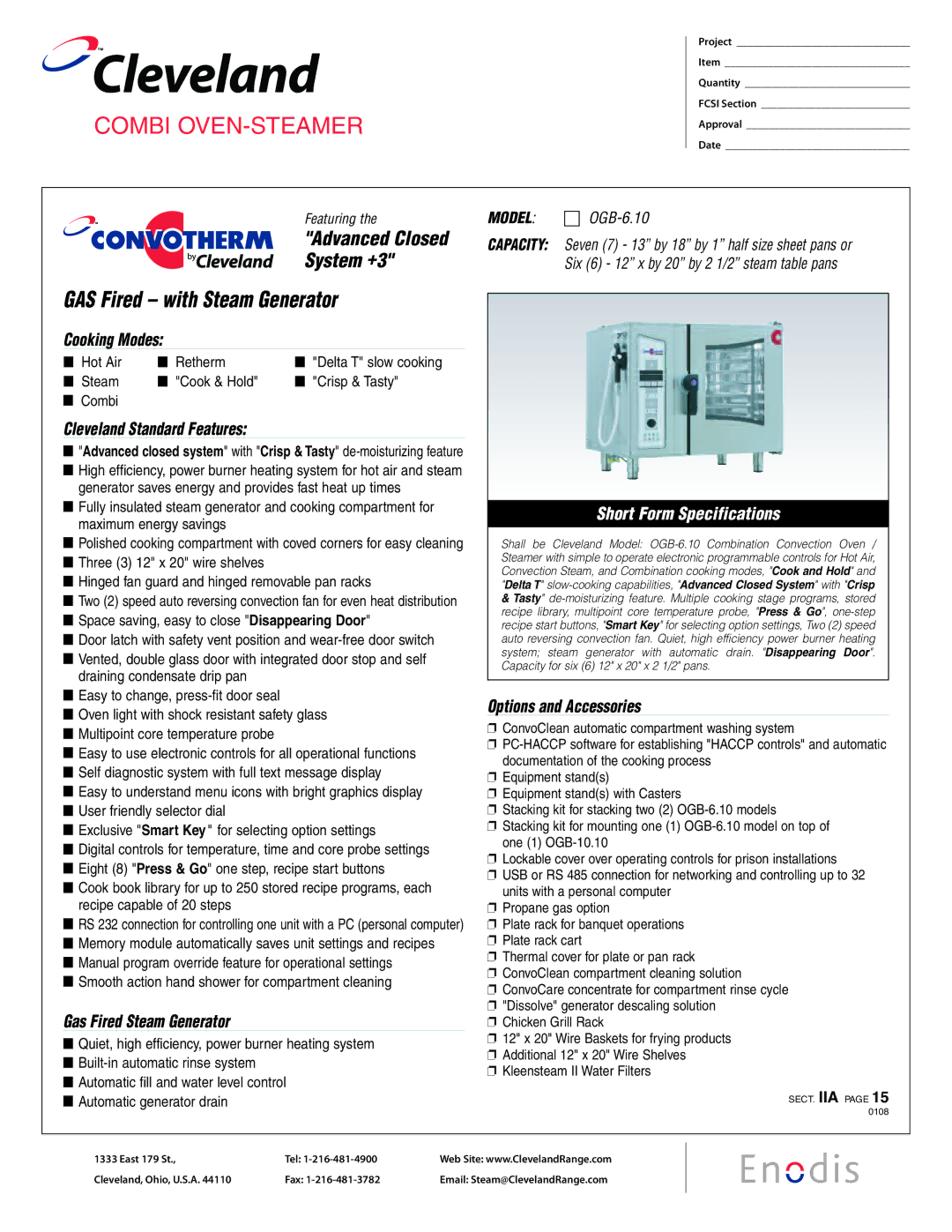 Cleveland Range OGB-6.10 specifications Gas Fired Steam Generator, Options and Accessories 