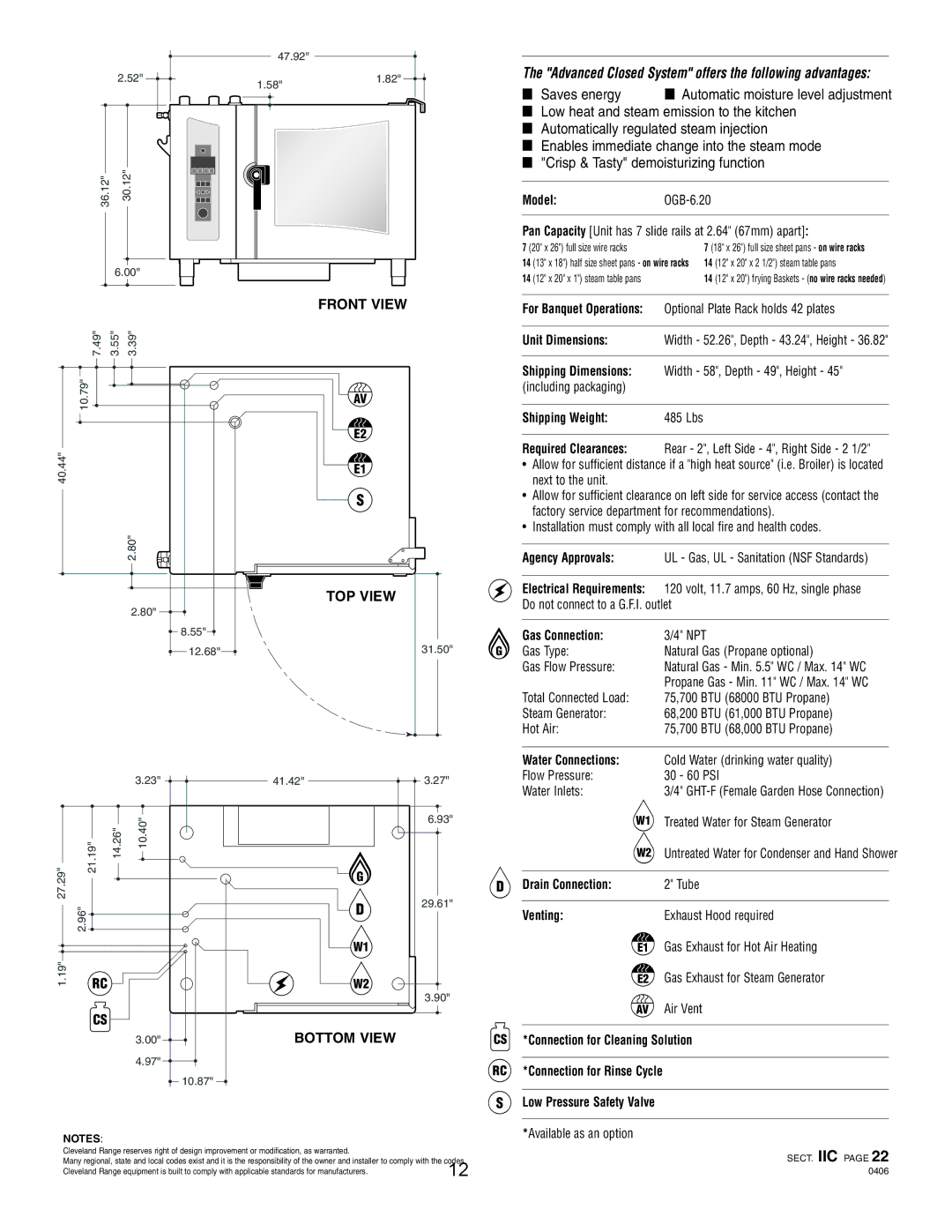 Cleveland Range OGB-10.10, OGB-6.20, OGS-6.20, OGS-10.10 manual Saves energy 