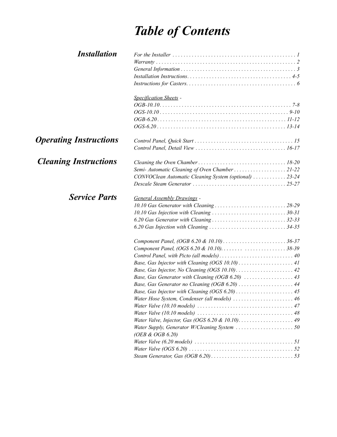 Cleveland Range OGS-10.10, OGB-6.20, OGS-6.20, OGB-10.10 manual Table of Contents 