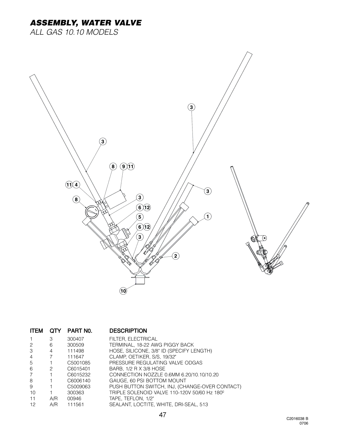 Cleveland Range OGB-10.10, OGB-6.20, OGS-6.20, OGS-10.10 manual ASSEMBLY, Water Valve, ALL GAS 10.10 Models 