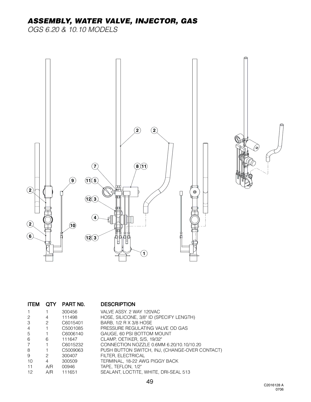 Cleveland Range OGS-6.20, OGB-6.20, OGS-10.10, OGB-10.10 manual ASSEMBLY, Water VALVE, INJECTOR, GAS 