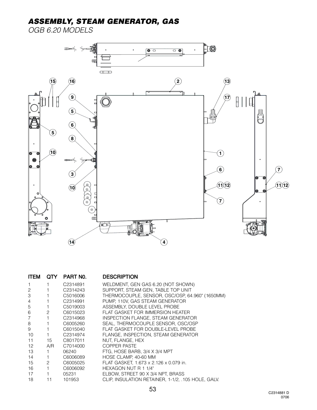 Cleveland Range OGS-6.20, OGB-6.20, OGS-10.10, OGB-10.10 manual ASSEMBLY, Steam GENERATOR, GAS, OGB 6.20 Models 