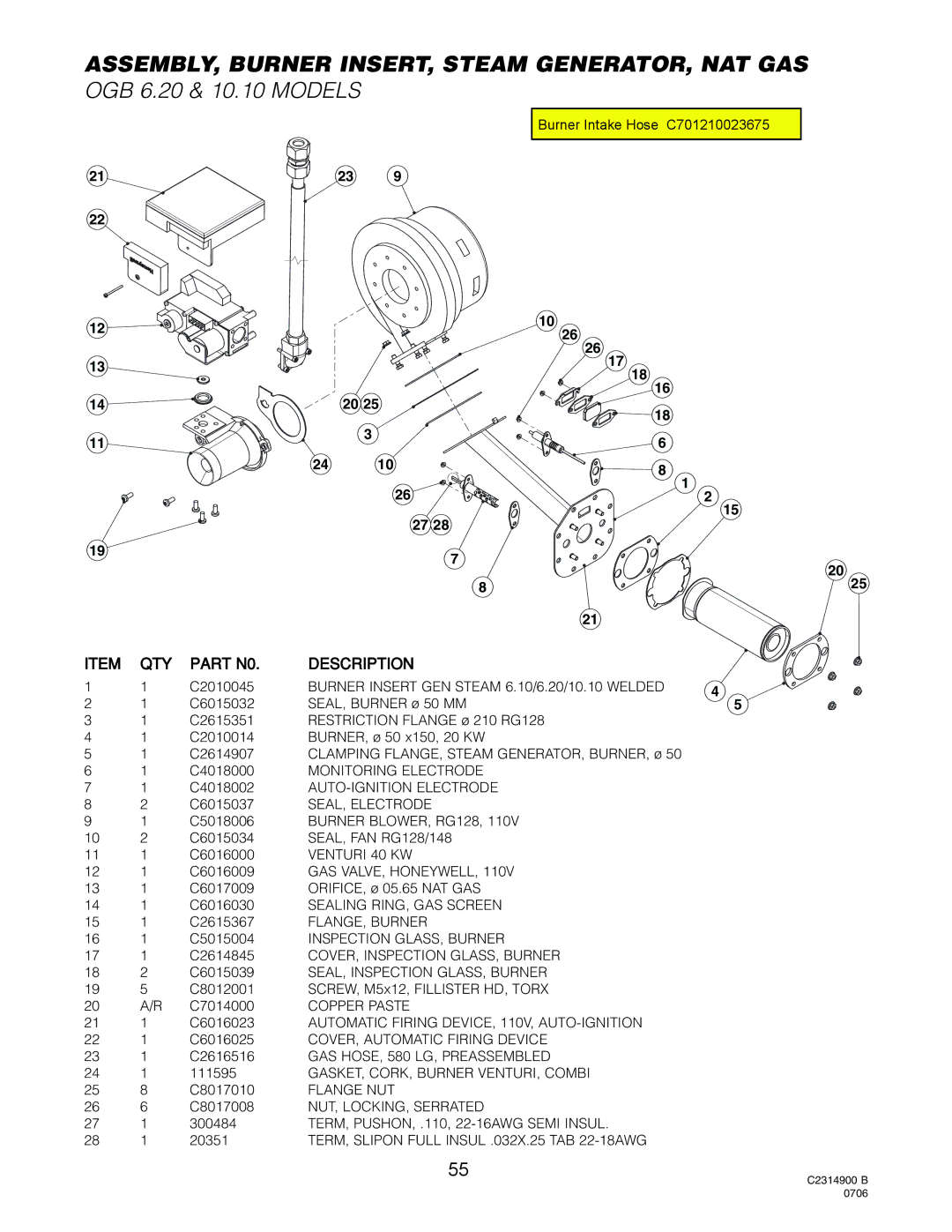 Cleveland Range OGB-10.10, OGB-6.20, OGS-6.20, OGS-10.10 ASSEMBLY, Burner INSERT, Steam GENERATOR, NAT GAS, Venturi 40 KW 