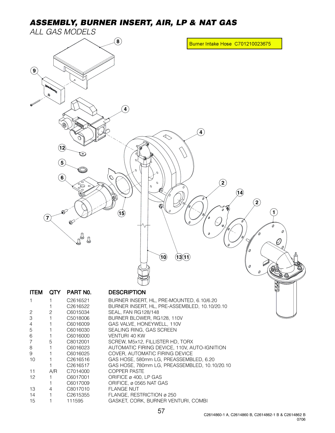 Cleveland Range OGS-6.20, OGB-6.20 ASSEMBLY, Burner INSERT, AIR, LP & NAT GAS, Burner INSERT, HL, PRE-MOUNTED, 6.10/6.20 