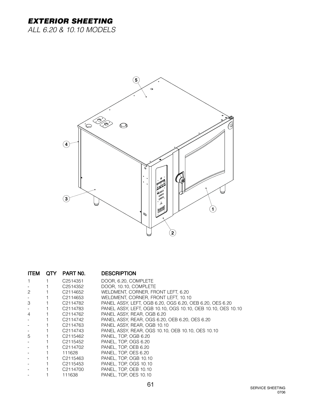 Cleveland Range OGS-6.20, OGB-6.20, OGS-10.10, OGB-10.10 manual Exterior Sheeting 