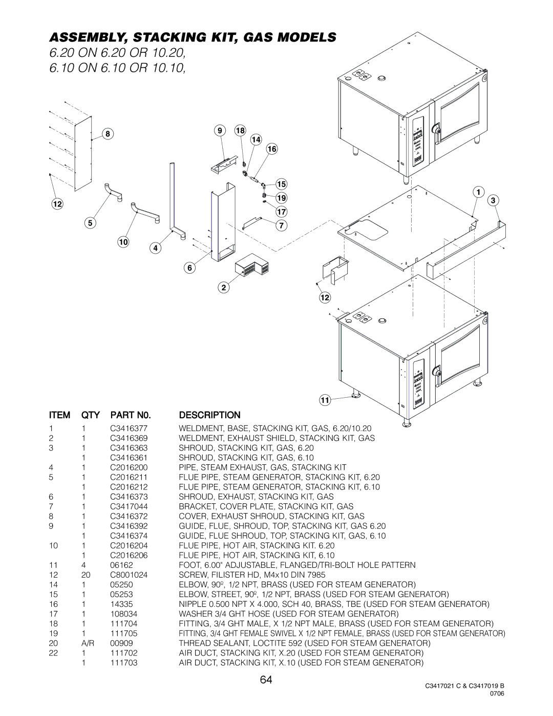 Cleveland Range OGB-10.10, OGB-6.20, OGS-6.20, OGS-10.10 ASSEMBLY, Stacking KIT, GAS Models, 20 on 6.20 or 10 on 6.10 or 