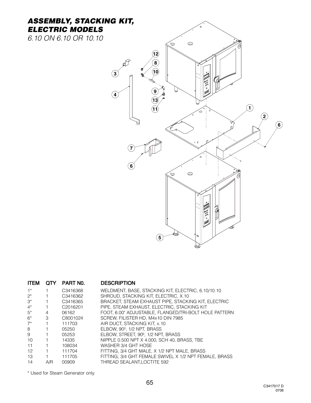 Cleveland Range OGB-6.20, OGS-6.20 ASSEMBLY, Stacking KIT, Electric Models, PIPE, Steam EXHAUST, ELECTRIC, Stacking KIT 