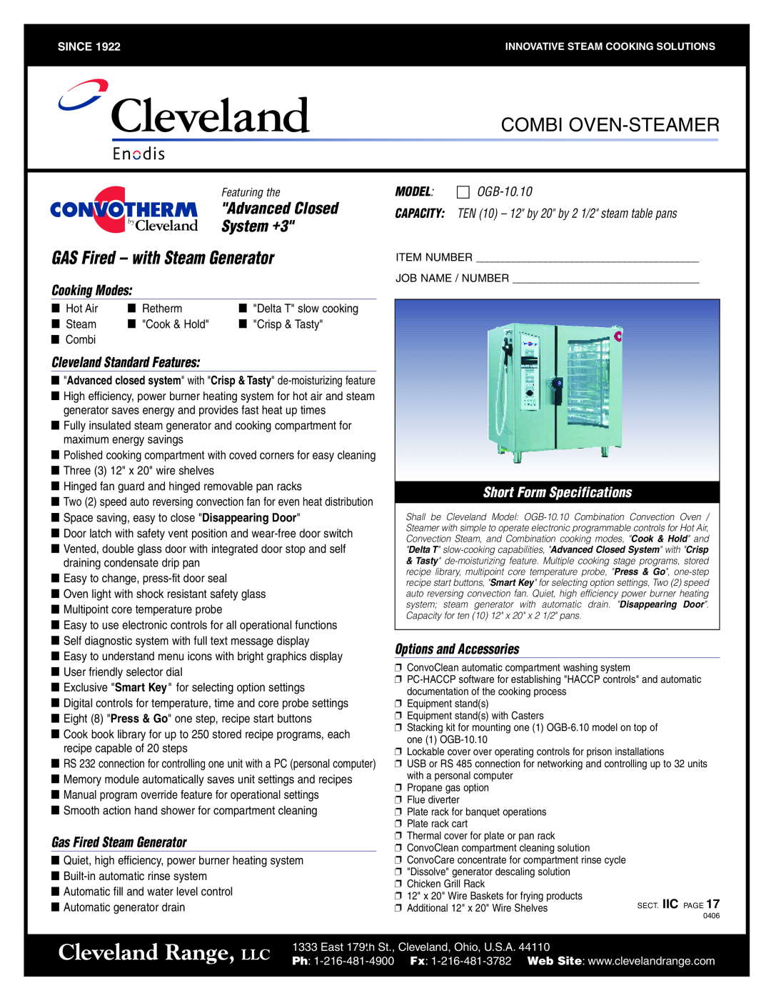 Cleveland Range OGS-10.10 Cleveland Range, LLC, Combi Oven-Steamer, GAS Fired - with Steam Generator, Advanced Closed 