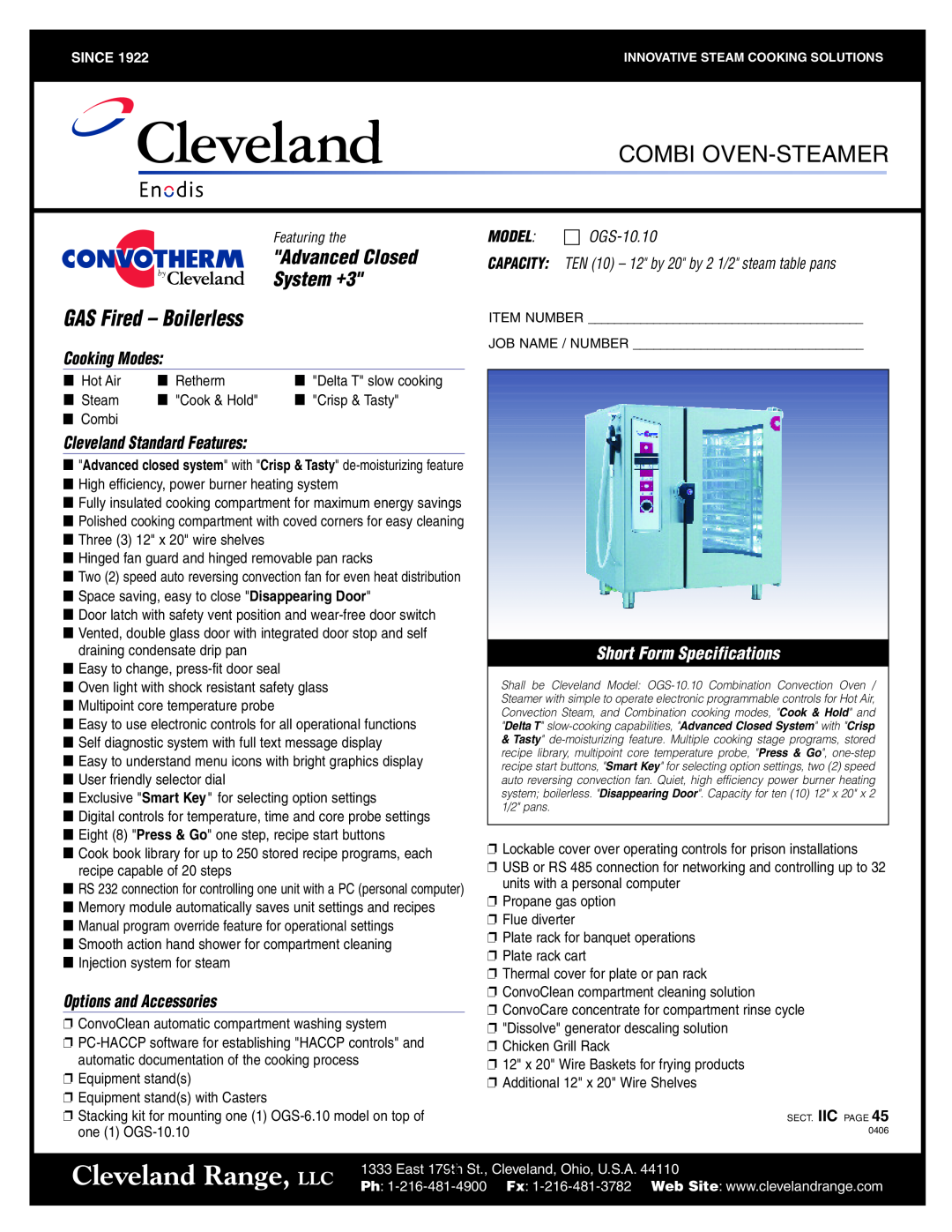 Cleveland Range OGB-6.20 GAS Fired - Boilerless, Cleveland Range, LLC, Combi Oven-Steamer, Advanced Closed, System +3 