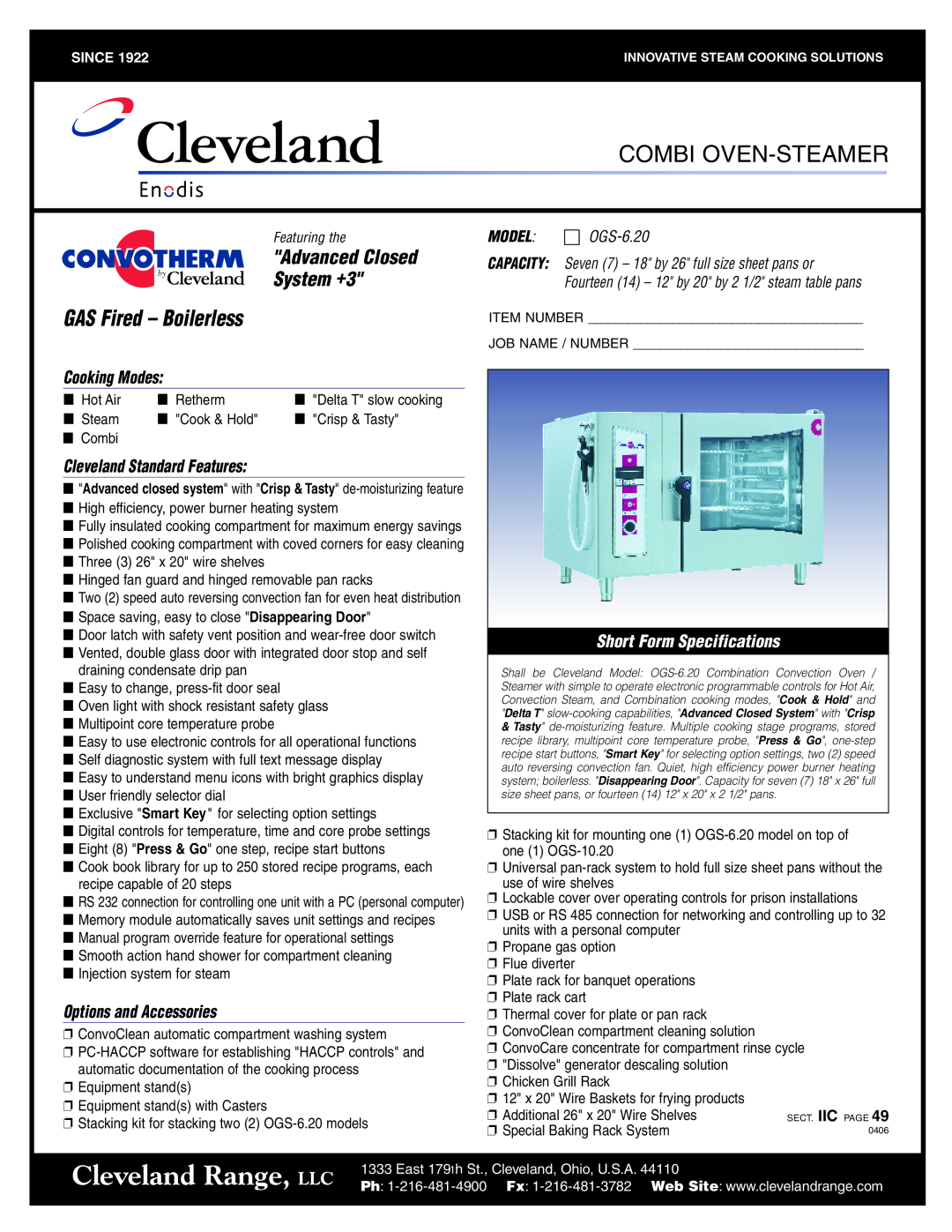 Cleveland Range OGB-6.20 Cleveland Range, LLC, Combi Oven-Steamer, Advanced Closed, System +3, GAS Fired - Boilerless 
