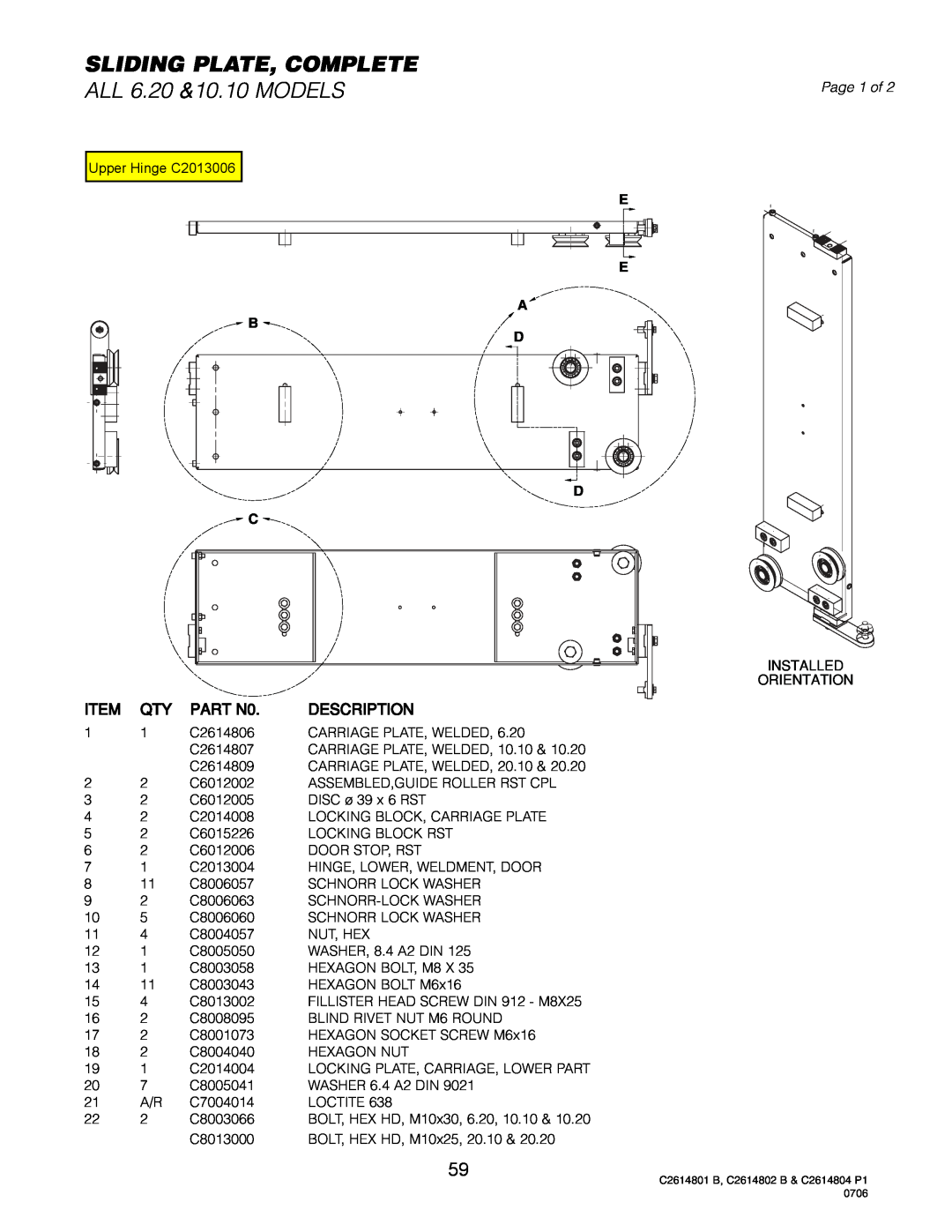 Cleveland Range OGB-10.10, OGB-6.20, OGS-6.20 Sliding Plate, Complete, ALL 6.20 &10.10 MODELS, Page 1 of, E E A B D D C 
