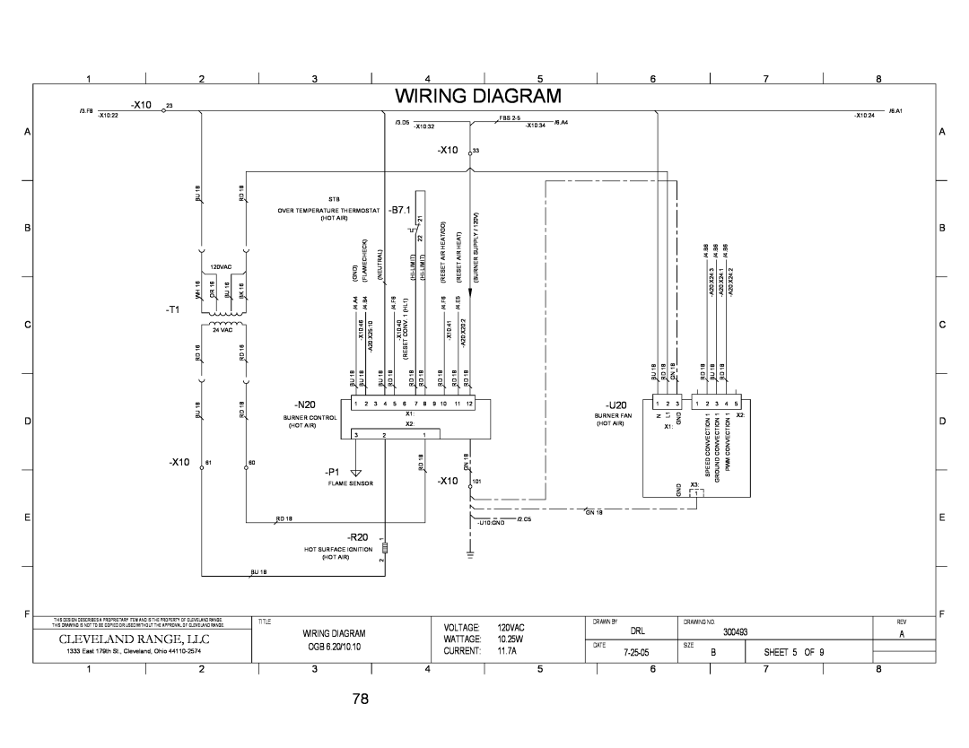 Cleveland Range OGS-6.20, OGB-6.20, OGS-10.10, OGB-10.10 manual Wiring Diagram, Cleveland Range, Llc, Airresetheat 