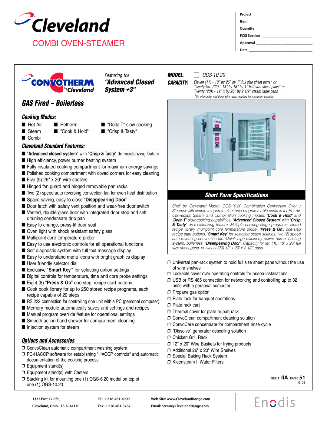 Cleveland Range OGS-10.20 specifications High efficiency, power burner heating system, Space saving, easy to close 