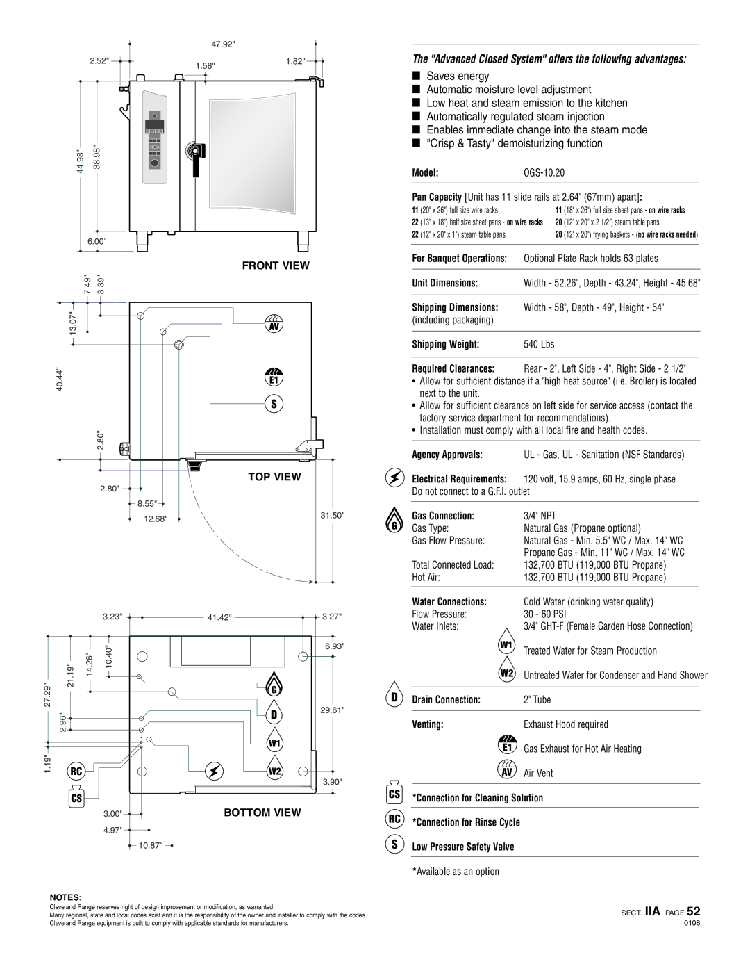 Cleveland Range OGS-10.20 specifications Shipping Weight, Gas Connection, Water Connections, Drain Connection, Venting 