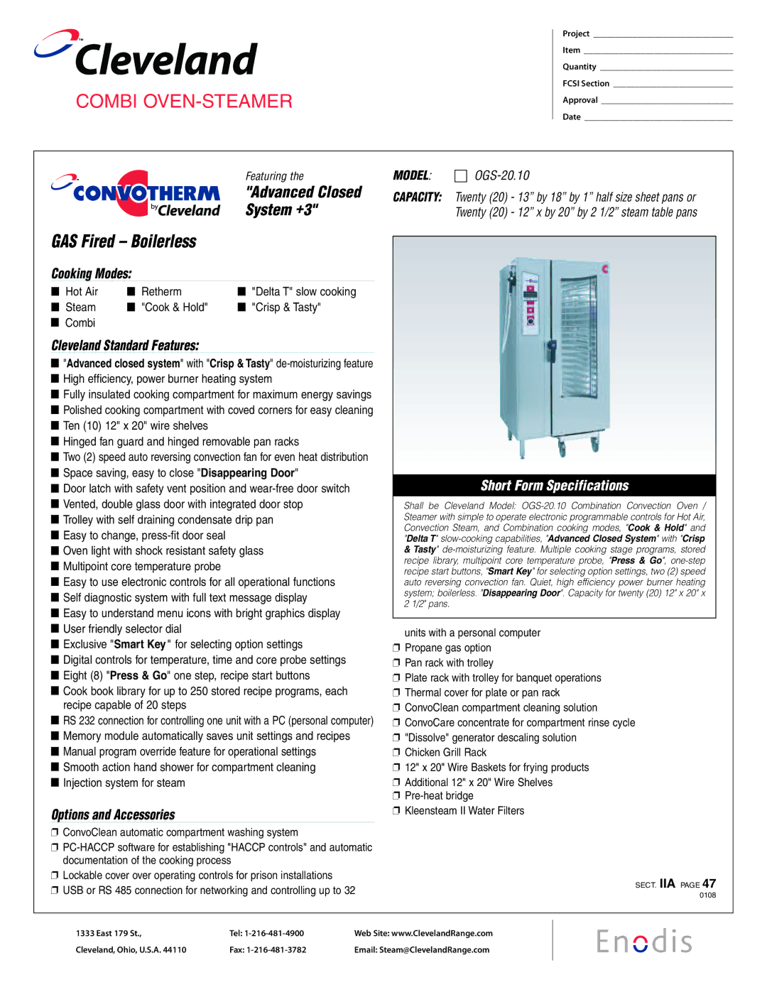 Cleveland Range OGS-20.10 specifications High efficiency, power burner heating system, Space saving, easy to close 