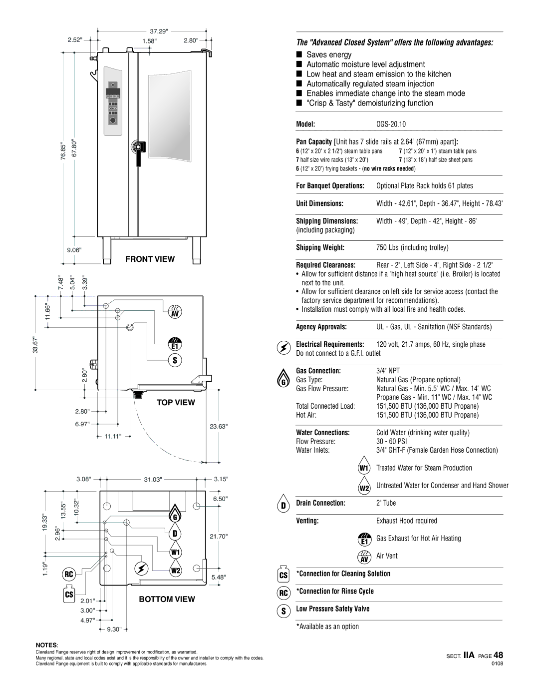 Cleveland Range OGS-20.10 Shipping Weight, Agency Approvals, Gas Connection, Water Connections, Drain Connection, Venting 