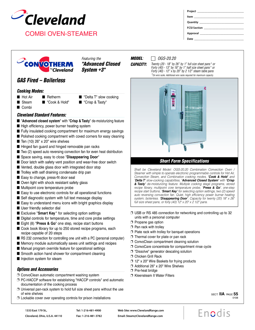 Cleveland Range OGS-20.20 specifications High efficiency, power burner heating system, Space saving, easy to close 