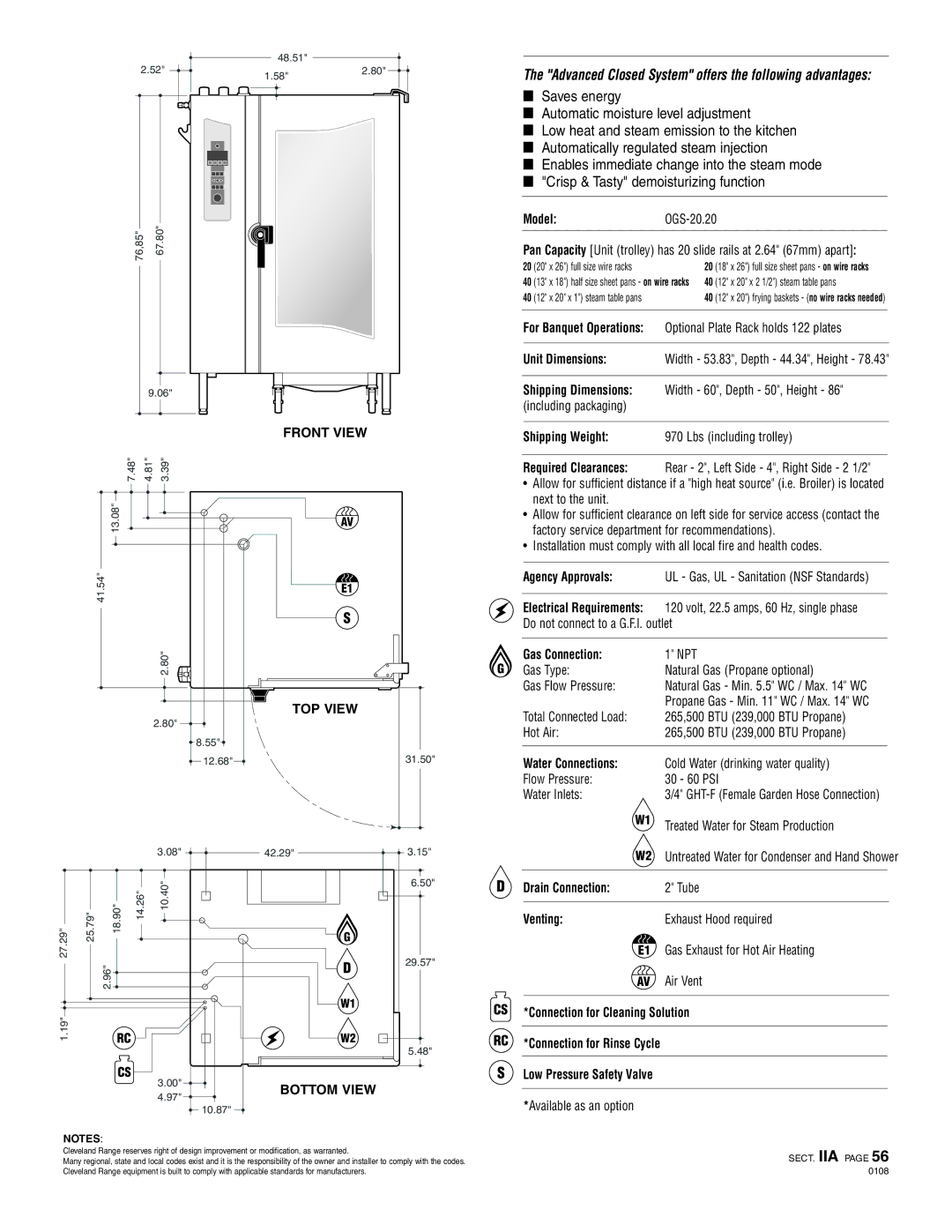 Cleveland Range OGS-20.20 Shipping Weight, Agency Approvals, Gas Connection, Water Connections, Drain Connection, Venting 