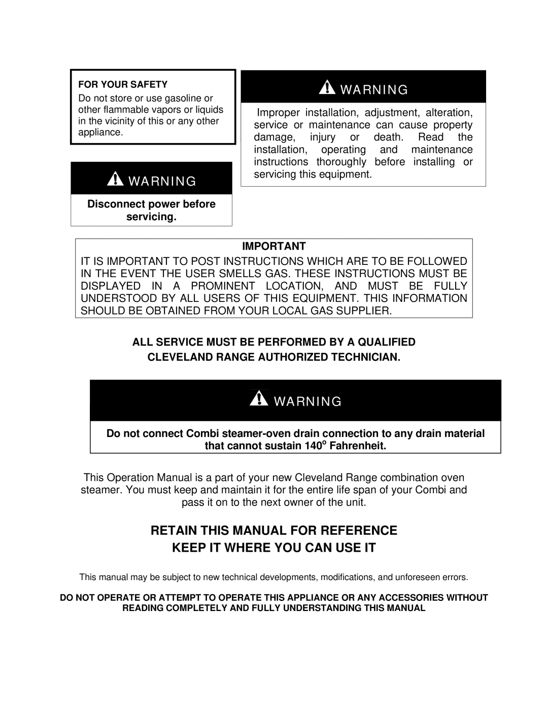 Cleveland Range OVEN STEAMER manual Disconnect power before Servicing 