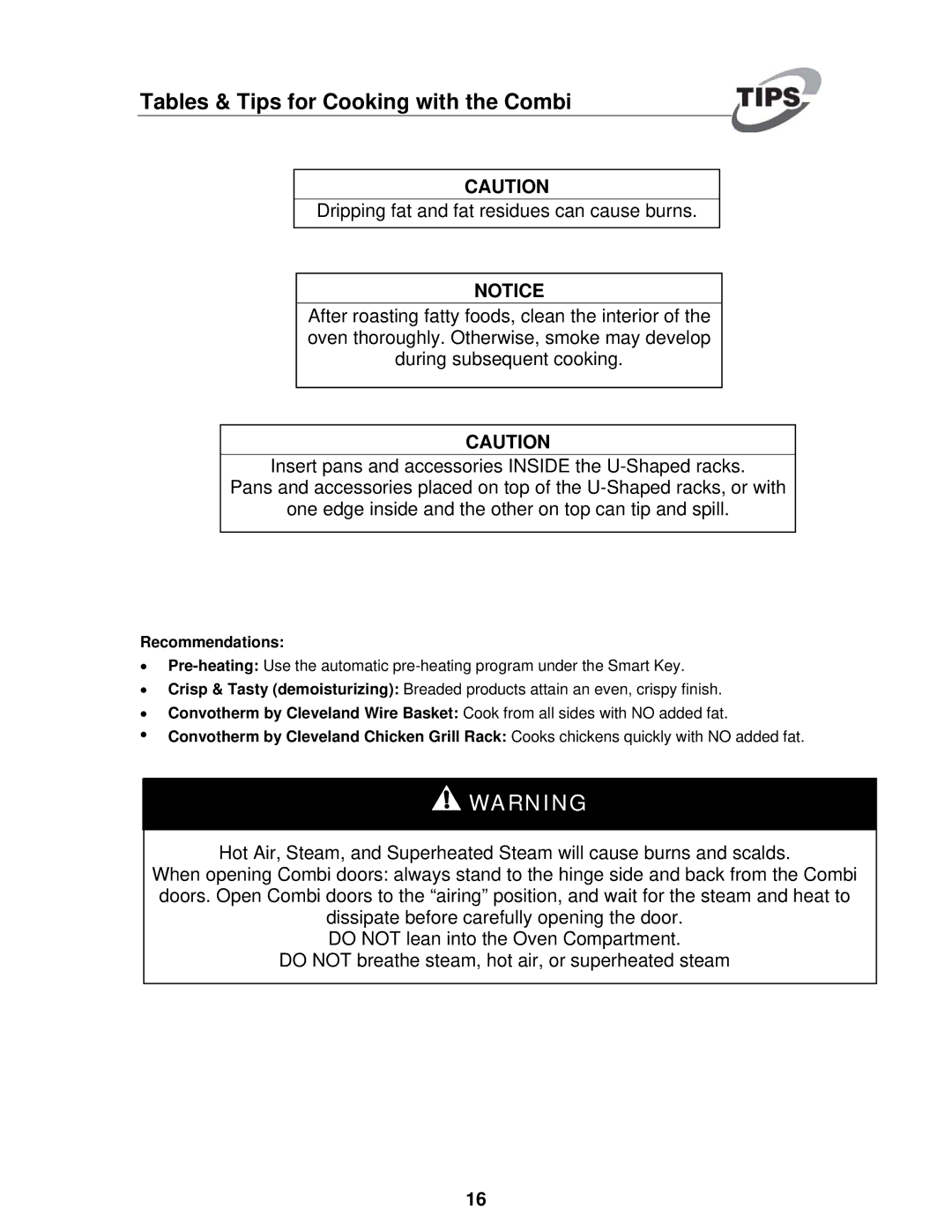 Cleveland Range OVEN STEAMER manual Tables & Tips for Cooking with the Combi, Recommendations 