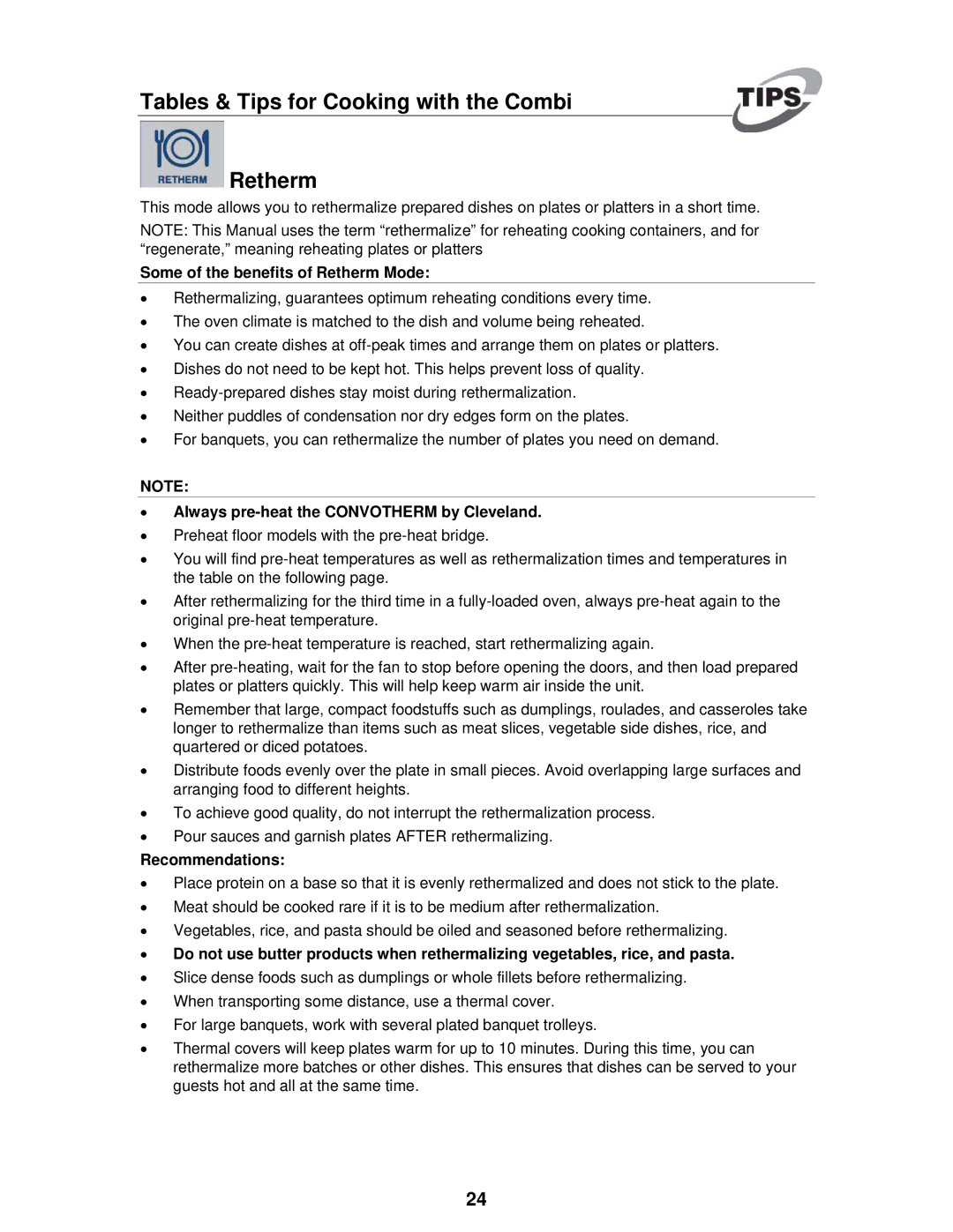 Cleveland Range OVEN STEAMER manual Tables & Tips for Cooking with the Combi Retherm, Some of the benefits of Retherm Mode 