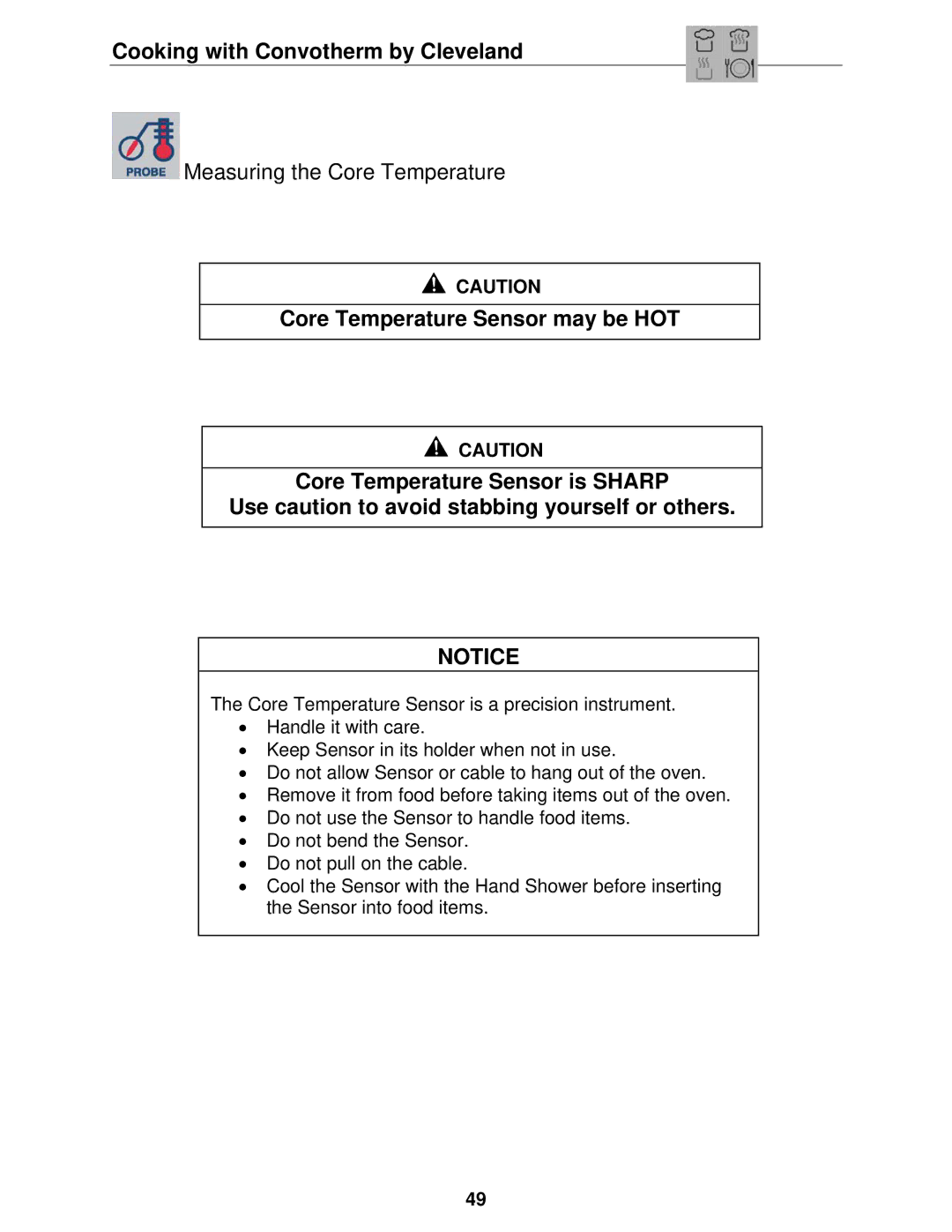 Cleveland Range OVEN STEAMER manual Measuring the Core Temperature 