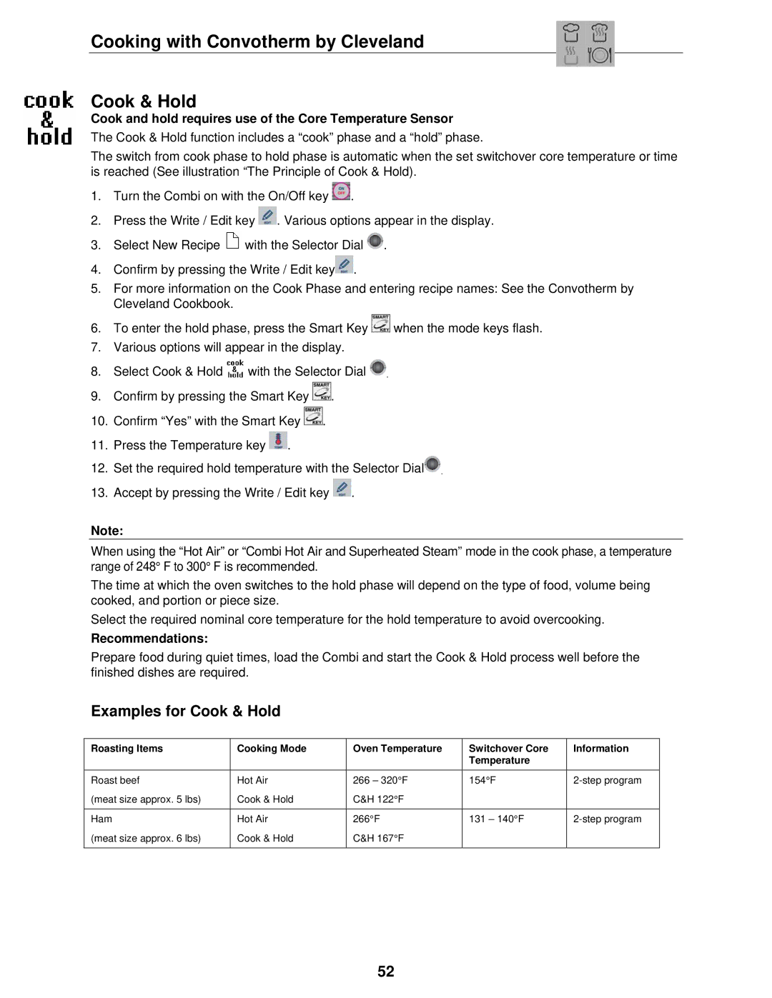 Cleveland Range OVEN STEAMER manual Cooking with Convotherm by Cleveland Cook & Hold, Examples for Cook & Hold 