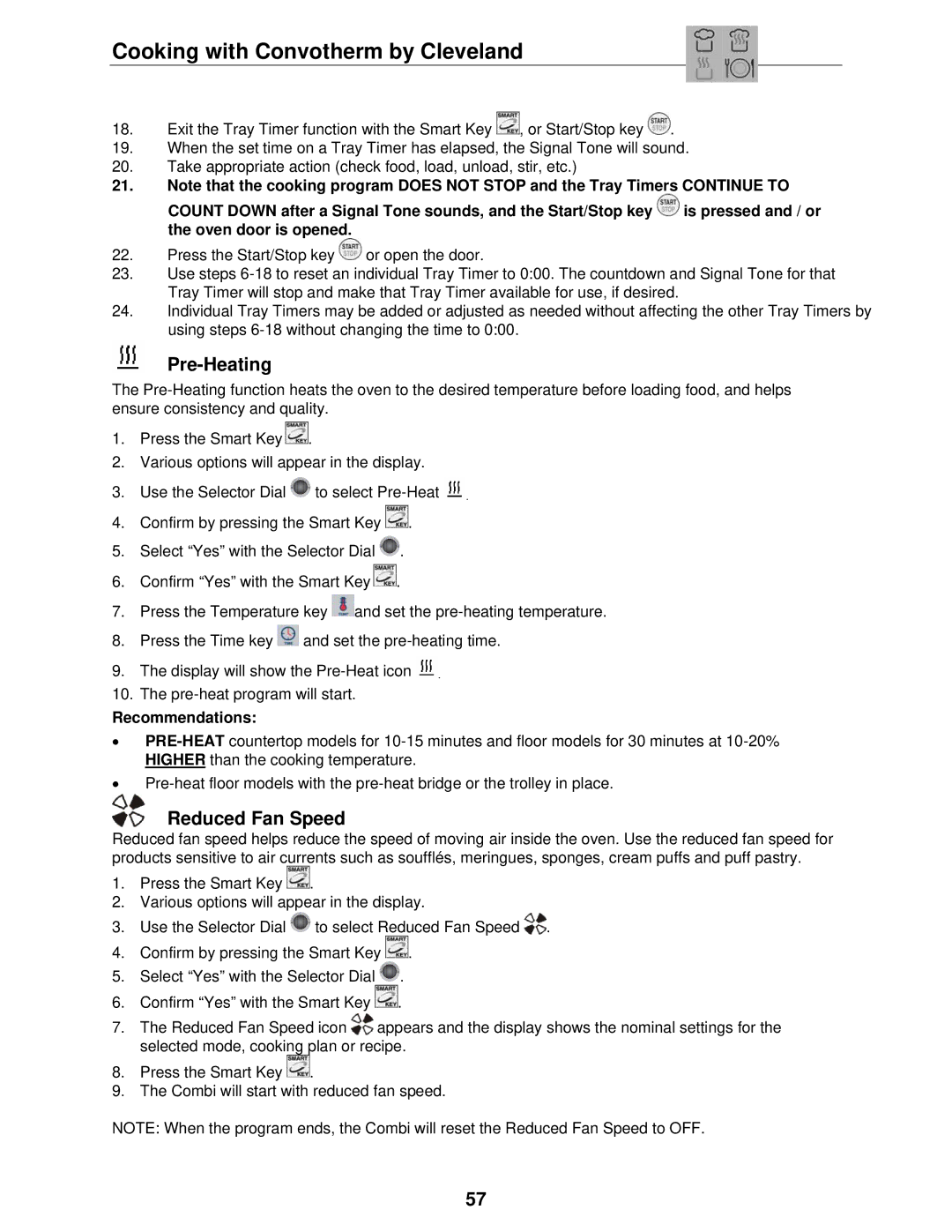 Cleveland Range OVEN STEAMER manual Pre-Heating, Reduced Fan Speed 
