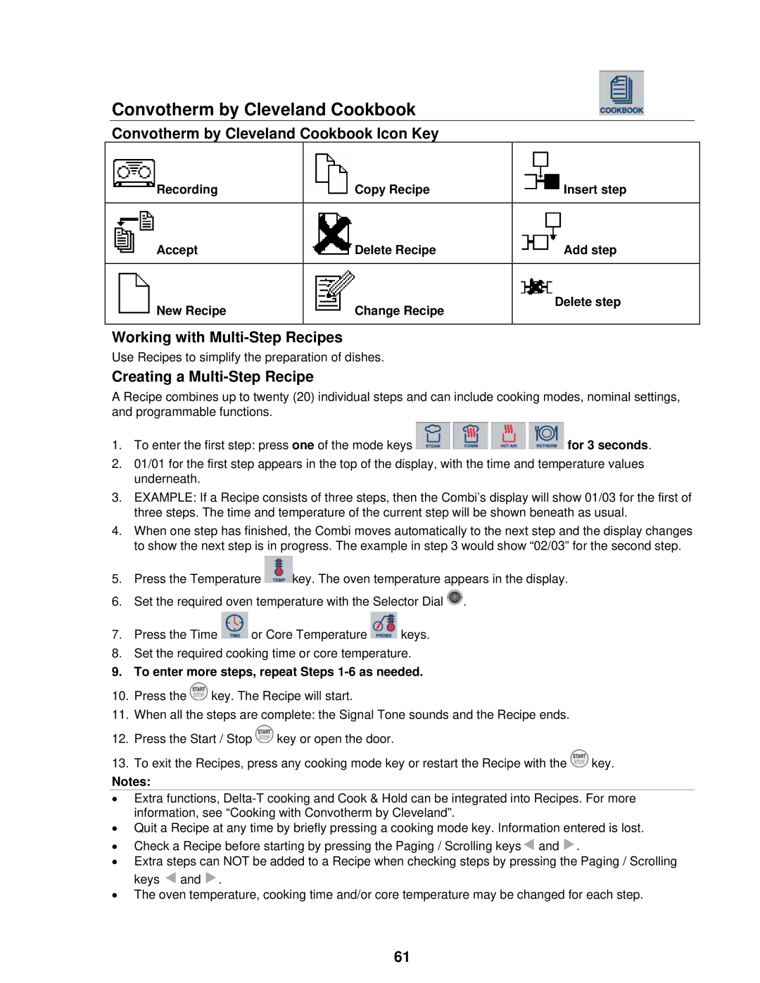 Cleveland Range OVEN STEAMER manual Convotherm by Cleveland Cookbook Icon Key, Working with Multi-Step Recipes 