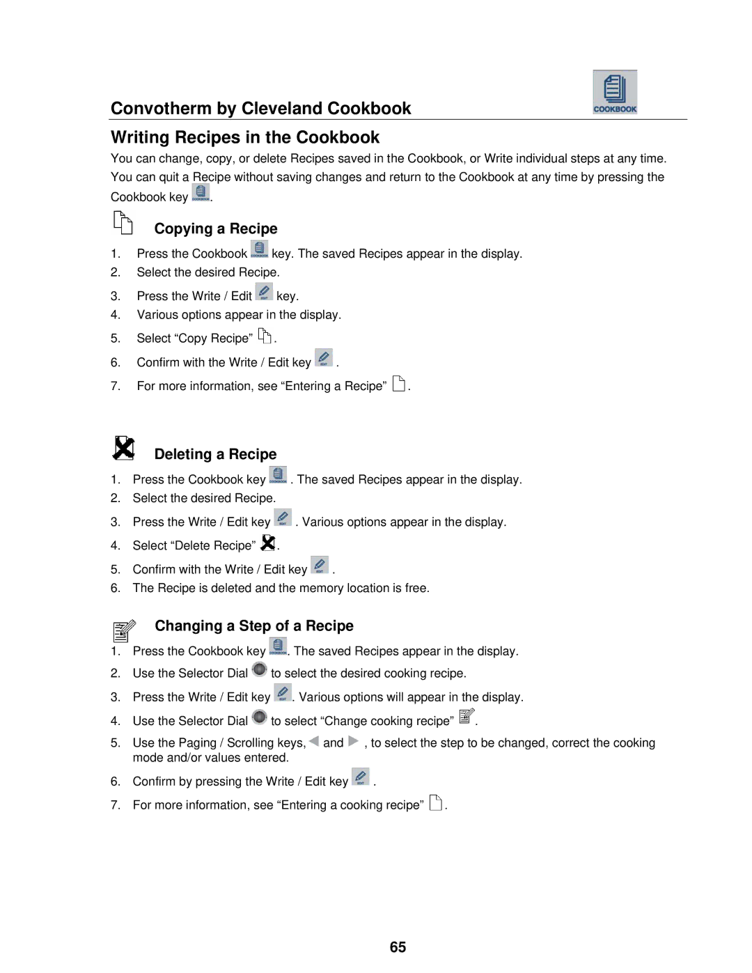 Cleveland Range OVEN STEAMER manual Copying a Recipe, Deleting a Recipe, Changing a Step of a Recipe 