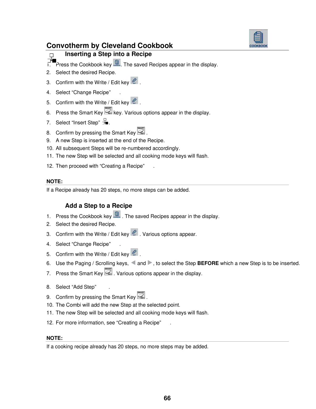 Cleveland Range OVEN STEAMER manual Inserting a Step into a Recipe, Add a Step to a Recipe 