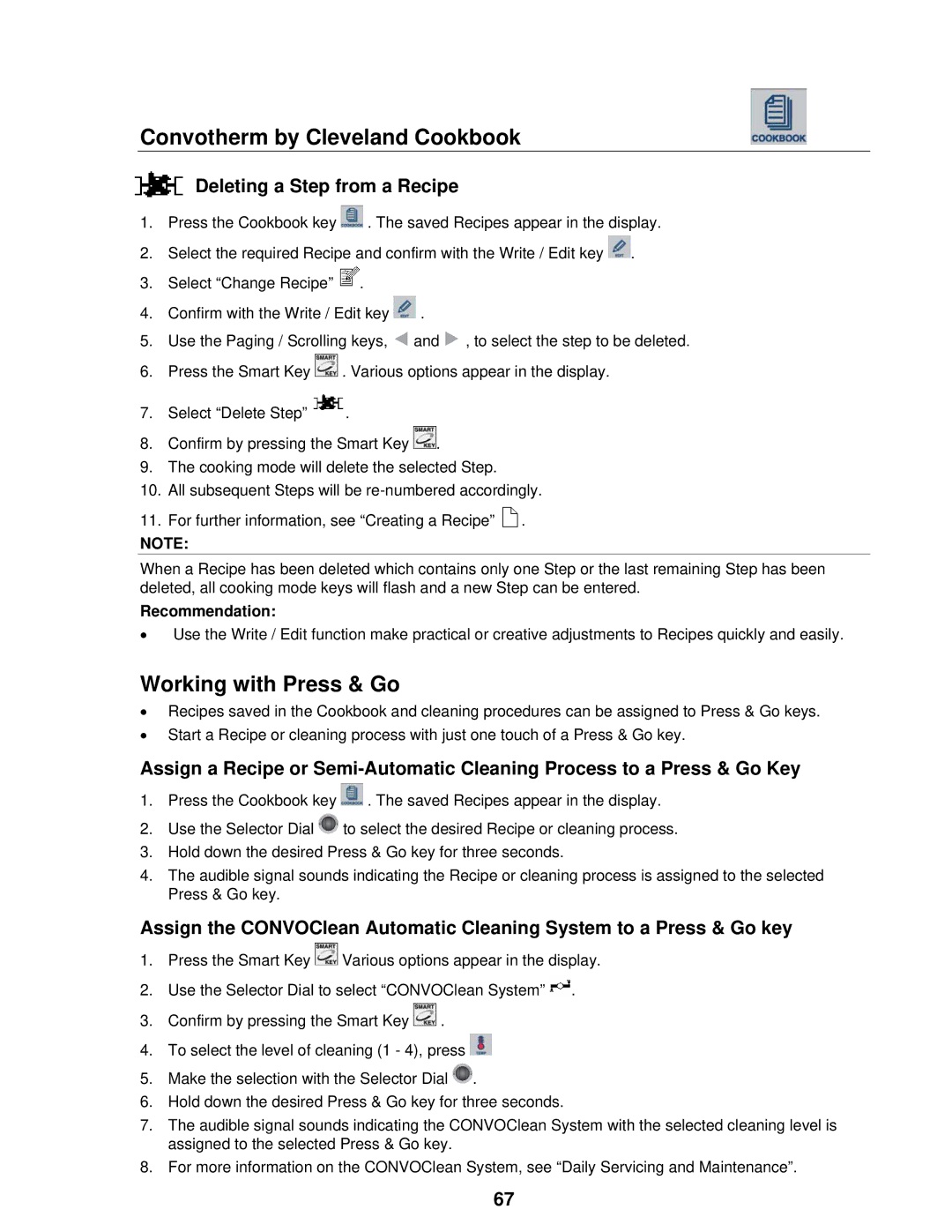 Cleveland Range OVEN STEAMER manual Working with Press & Go, Deleting a Step from a Recipe, Recommendation 