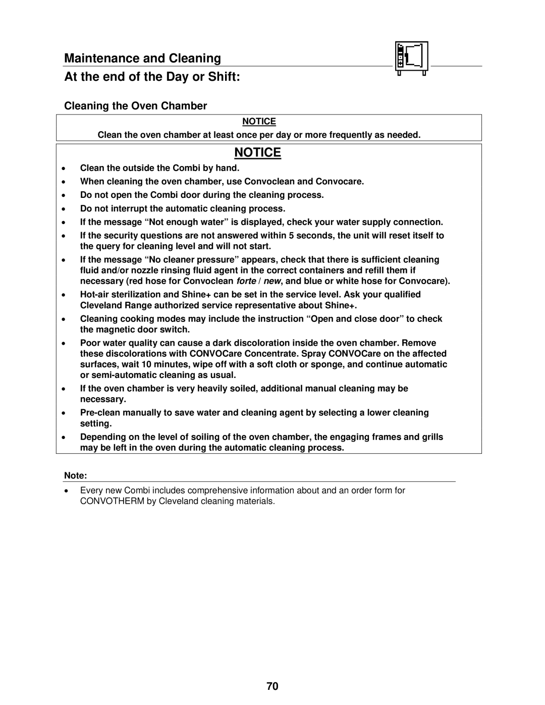 Cleveland Range OVEN STEAMER manual Maintenance and Cleaning At the end of the Day or Shift, Cleaning the Oven Chamber 