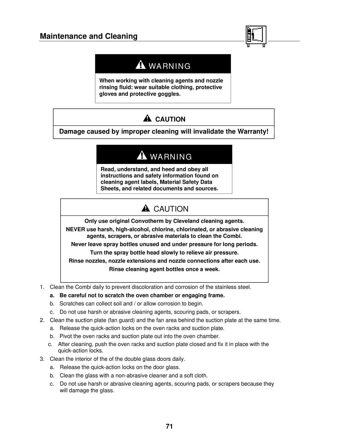 Cleveland Range OVEN STEAMER manual Maintenance and Cleaning, Be careful not to scratch the oven chamber or engaging frame 