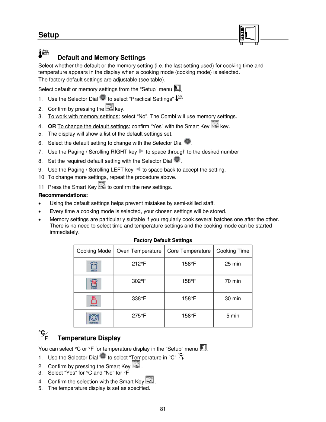 Cleveland Range OVEN STEAMER manual Default and Memory Settings, Temperature Display, Factory Default Settings 