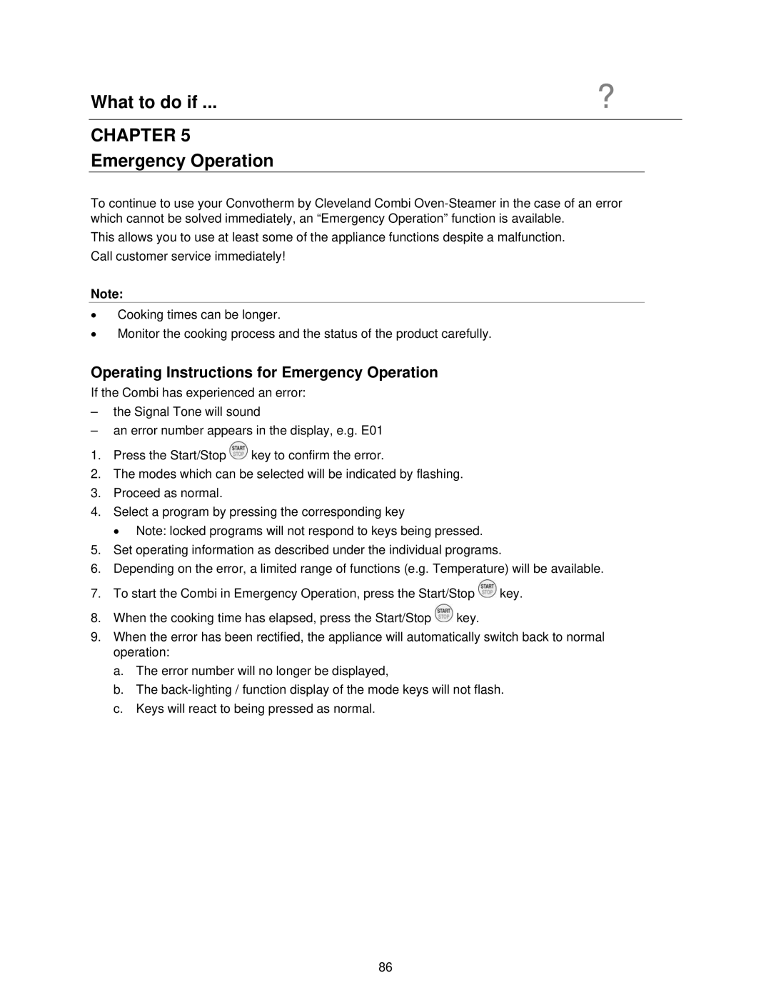 Cleveland Range OVEN STEAMER manual Operating Instructions for Emergency Operation 