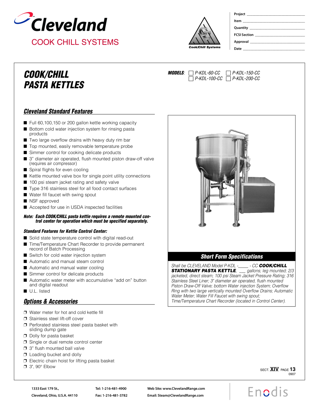Cleveland Range P-KDL-150-CC specifications Cleveland, Cook/Chill Pasta Kettles, Cook Chill Systems, Options & Accessories 