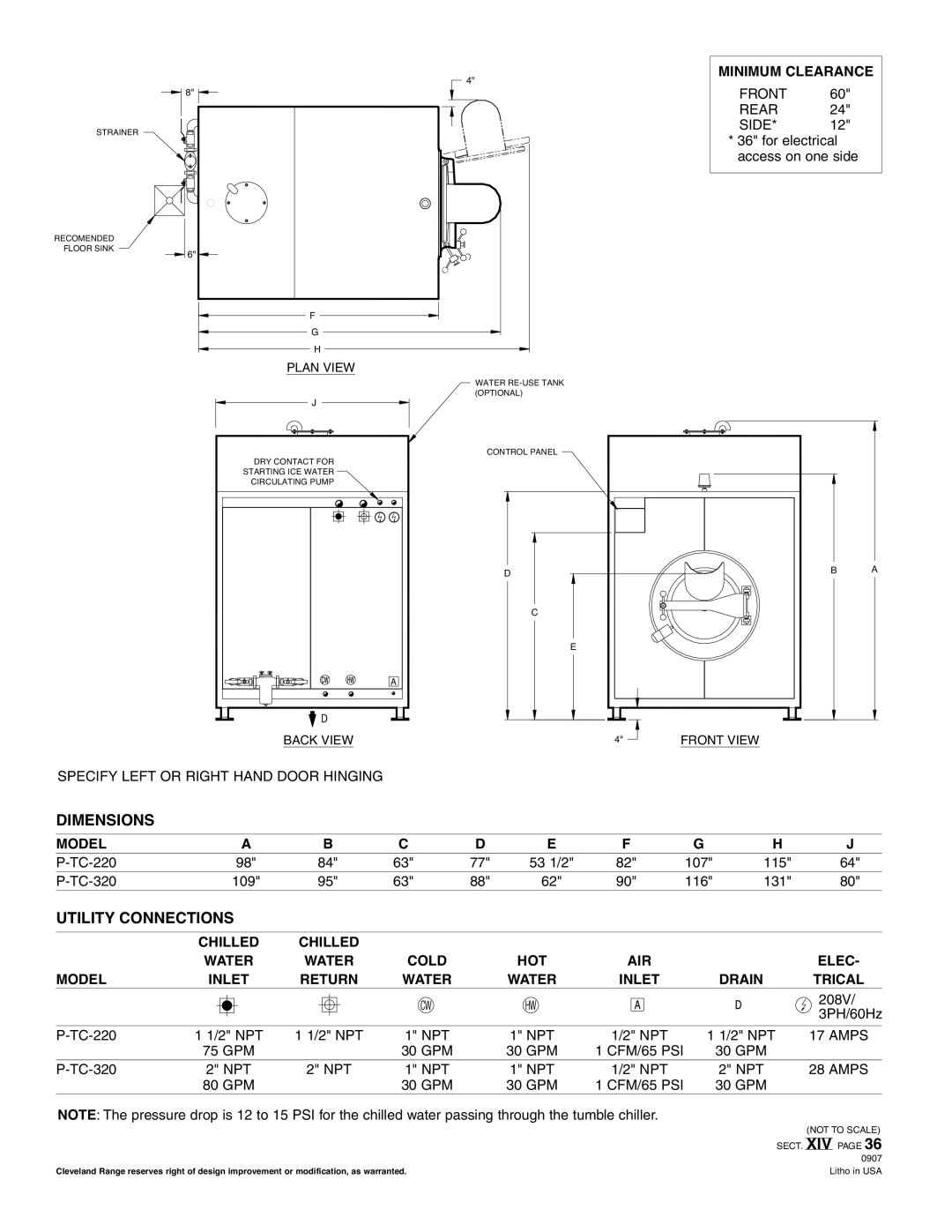 Cleveland Range P-TC-320, P-TC-220 Rear Side For electrical access on one side, TC-220 53 1/2, 115 TC-320 109, 131, 208V 