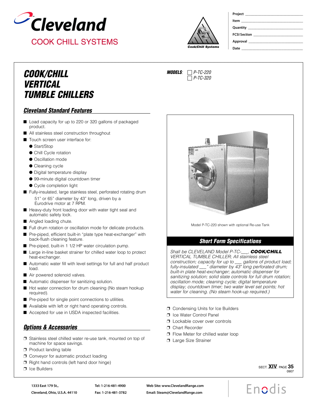 Cleveland Range P-TC-220, P-TC-320 specifications Cleveland, Cook/Chill Vertical Tumble Chillers, Cook Chill Systems 