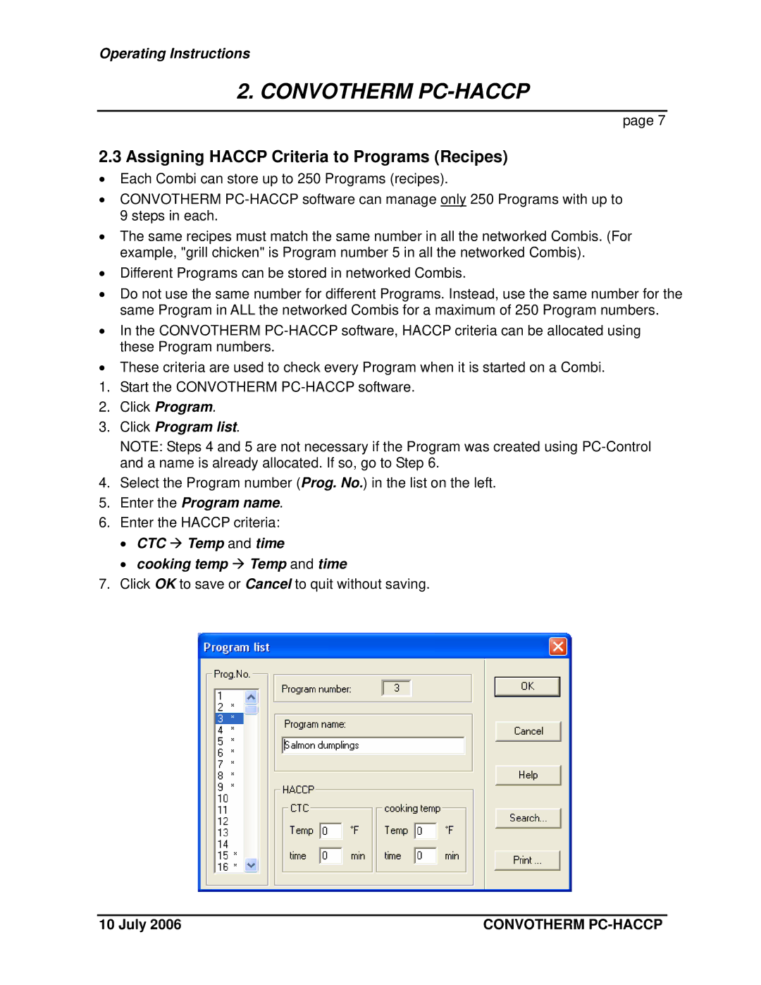 Cleveland Range PC-Control Assigning Haccp Criteria to Programs Recipes, Click Program list, Enter the Program name 