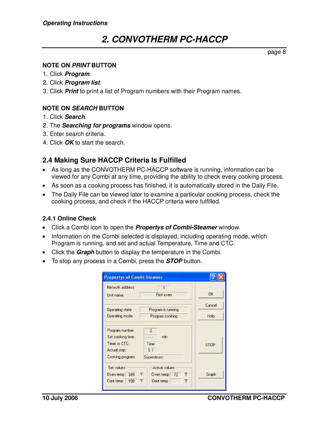 Cleveland Range PC-HACCP Making Sure Haccp Criteria Is Fulfilled, Searching for programs window opens, Online Check 