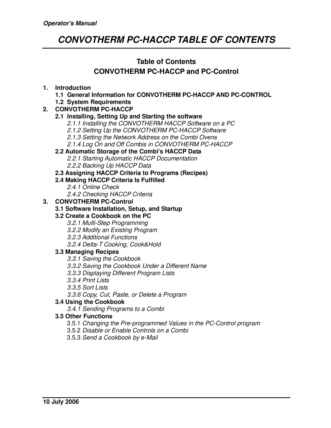 Cleveland Range PC-Control operating instructions Convotherm PC-HACCP Table of Contents 