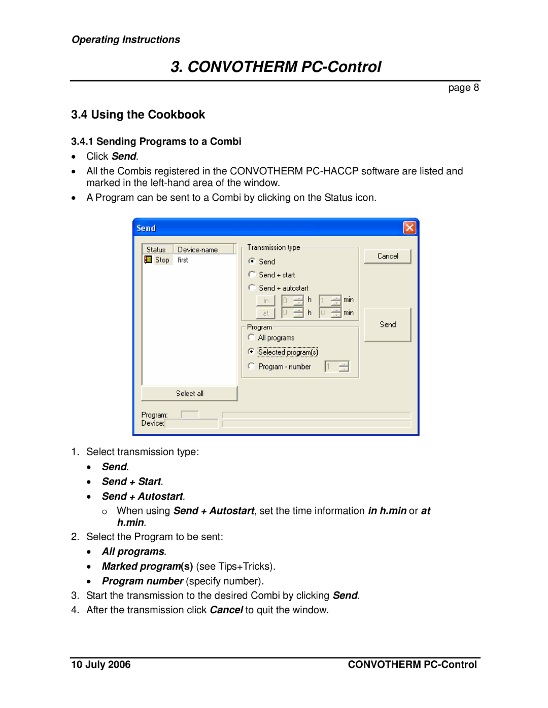 Cleveland Range PC-Control, PC-HACCP Using the Cookbook, Sending Programs to a Combi, Send Send + Start Send + Autostart 