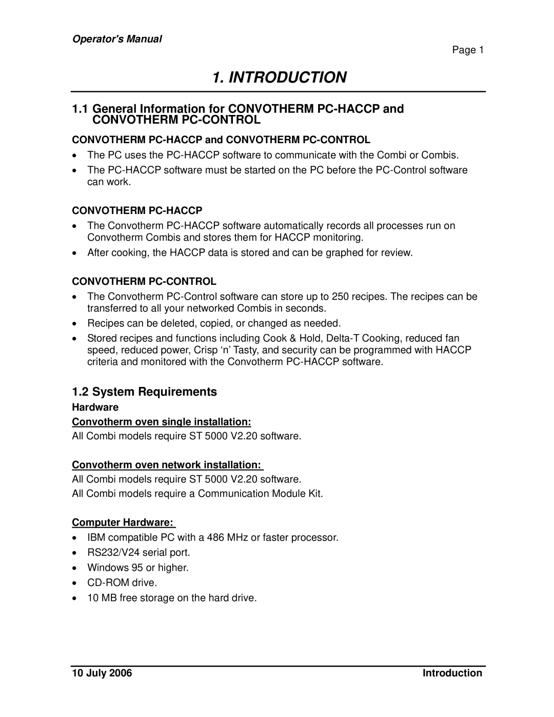 Cleveland Range PC-Control operating instructions General Information for Convotherm PC-HACCP, System Requirements 