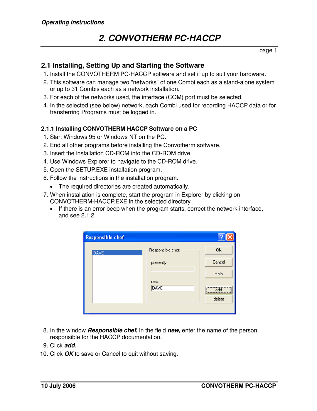 Cleveland Range PC-Control, PC-HACCP Installing, Setting Up and Starting the Software, Operating Instructions 