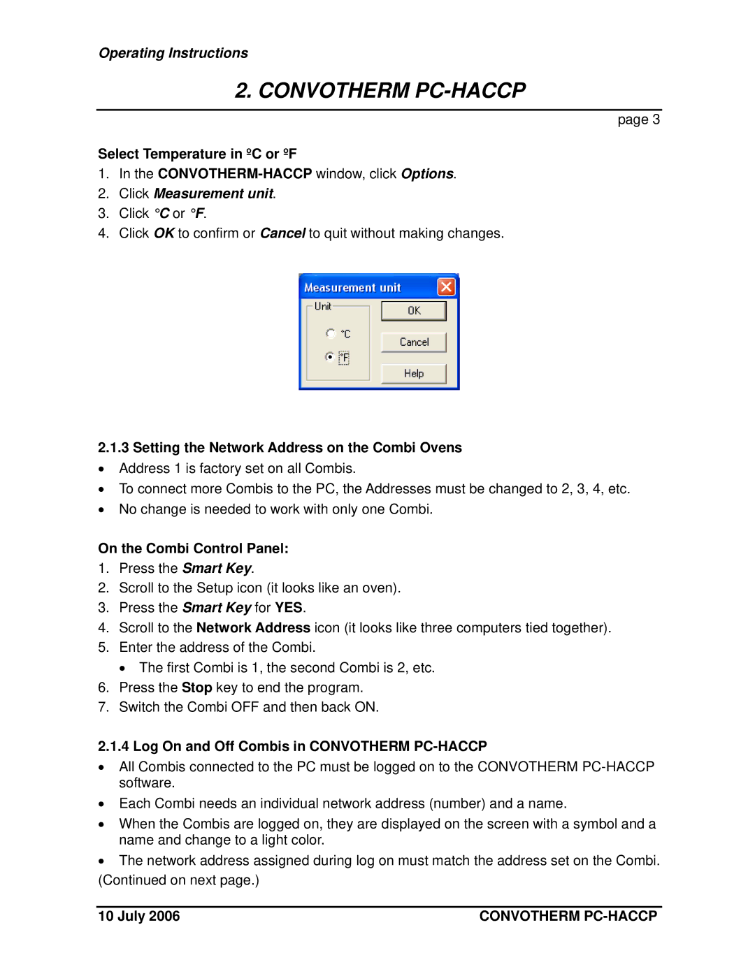 Cleveland Range PC-Control, PC-HACCP Select Temperature in ºC or ºF, Click Measurement unit, On the Combi Control Panel 