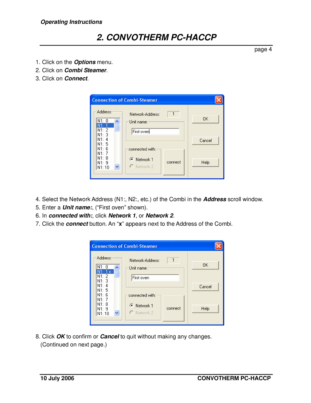 Cleveland Range PC-HACCP, PC-Control Click on Combi Steamer, Connected with, click Network 1, or Network 