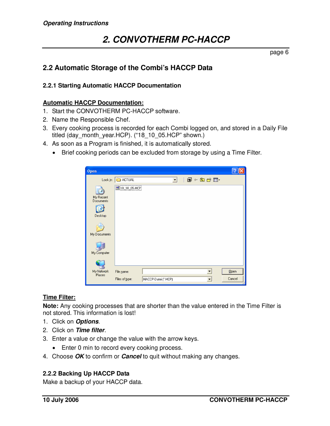 Cleveland Range PC-HACCP Automatic Storage of the Combi’s Haccp Data, Starting Automatic Haccp Documentation, Time Filter 