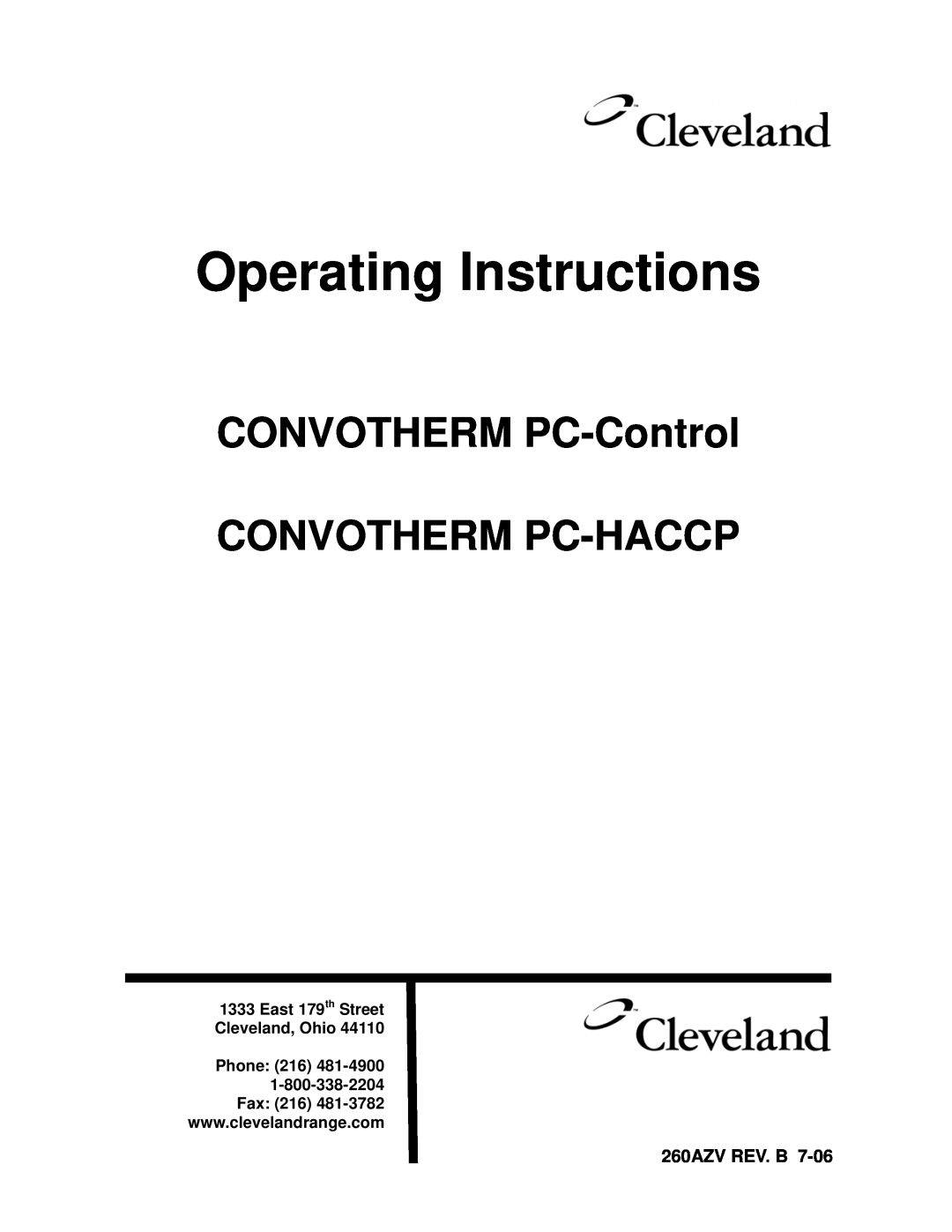 Cleveland Range PC-HACCP operating instructions 260AZV REV. B, Operating Instructions, East 179th Street Cleveland, Ohio 